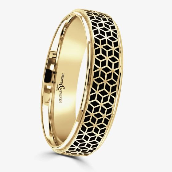 Brown & Newirth Geo 18ct Yellow Gold Black Ceramic Patterned 5mm Ring C6ZNP50 5.0 18Y 