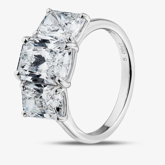 Platinum Certificated 5.08ct Lab Grown Radiant Cut Diamond Three Stone Ring U3785