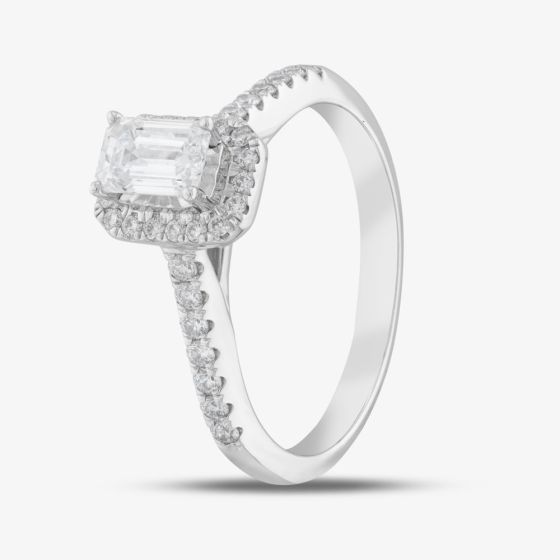 9ct White Gold Certified Lab Grown 0.75ct Emerald & Brilliant Cut Diamond Shoulder Set Halo Ring LGR15213-100E (WG)