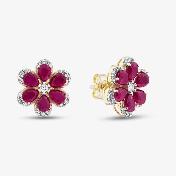 9ct Yellow Gold Certified 0.25ct Lab Grown Diamond & 3.00ct Ruby Flower Stud Earrings LGE46343-RD