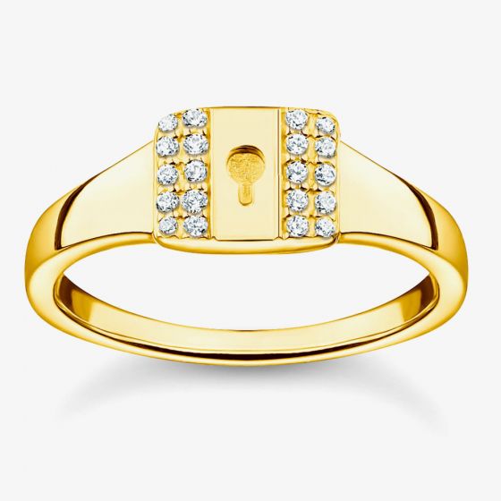 THOMAS SABO 18ct Yellow Gold Plated & Cubic Zirconia Padlock Signet Ring TR2372-414-14