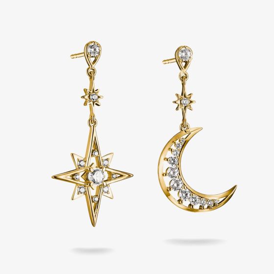 THOMAS SABO 18ct Yellow Gold Plated Cubic Zirconia Moon & Star Drop Stud Earrings H2379-M01-14