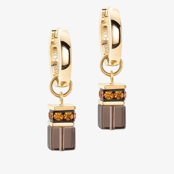 Coeur De Lion Ladies GeoCUBE Gold Tone Smokey Quartz Drop Earrings 4524/21-1116