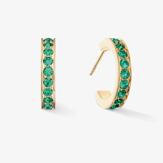 Coeur De Lion Gold Tone Stainless Steel Dark Green Crystal Hoop Earrings 0127/21-0549