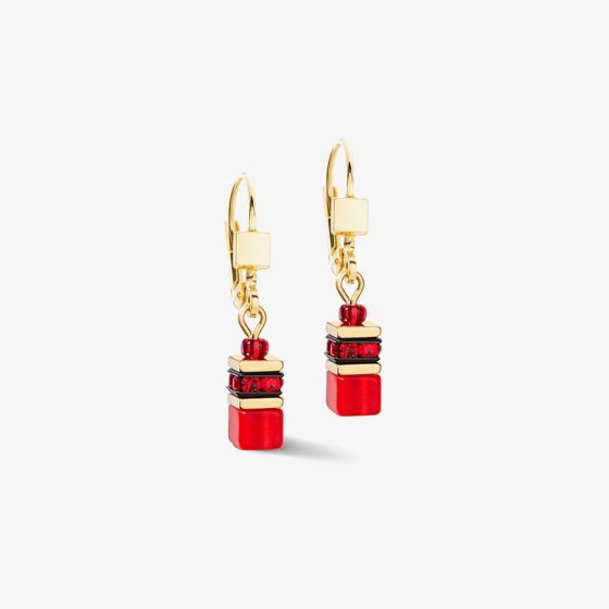 Coeur De Lion GeoCUBE Gold Tone Red Multi Stone Dropper Earrings 2800/20-0300