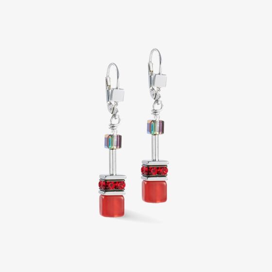 Coeur De Lion GeoCUBE Silver Tone Red Multi Stone Dropper Earrings 4014/20-0312