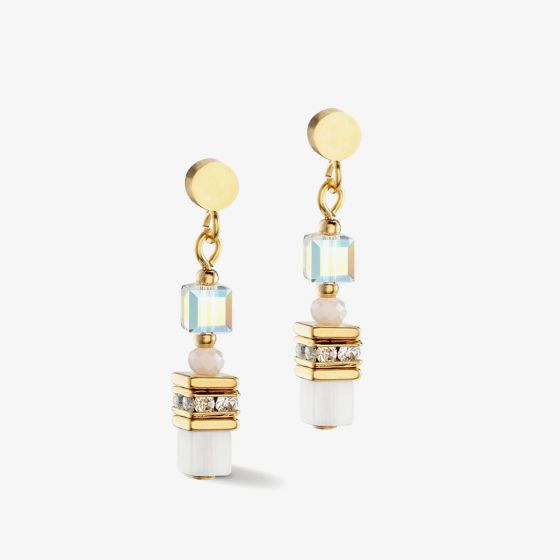 Coeur De Lion Mini Cubes Gold Tone Multi Stone Gold & White Dropper Earrings 4565/21-1416