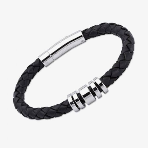 Unique Stainless Steel 5 Ring 21cm Black Leather Bracelet A65BL