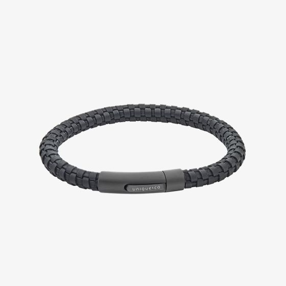 Unique Black Leather 21cm Black Stainless Steel Clasp Bracelet B554BL/21CM