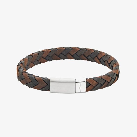 Unique Black & Brown 21cm Leather Braided Stainless Steel Clasp Bracelet B566BD/21CM