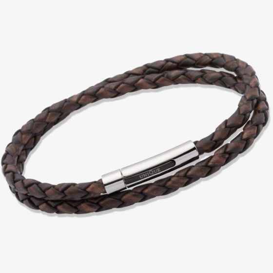 Unique Stainless Steel 21cm Brown Leather Bracelet B171ADB-21CM 