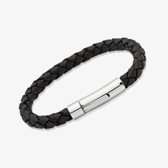 Unique Stainless Steel 19cm Black Braided Leather Bracelet A40BL/19CM