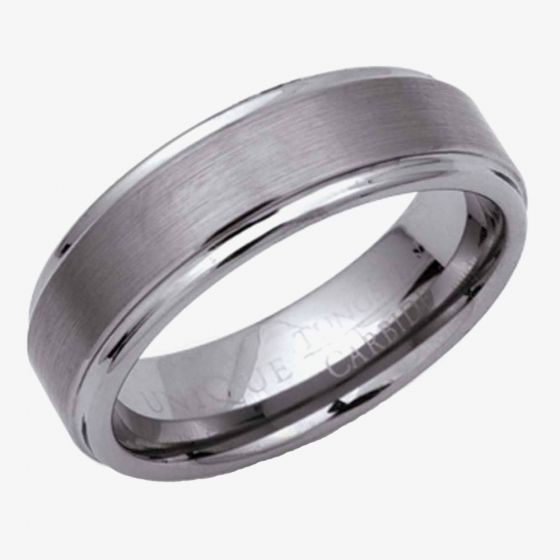 Unique Mens Tungsten Carbide 7mm Brushed and Polished Bevelled Ring TUR-3