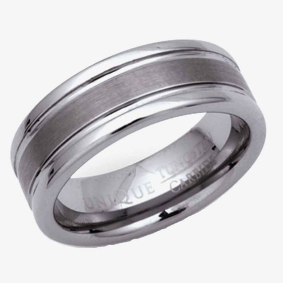 Unique Mens Tungsten Carbide 8mm Brushed Polished and Lined Ring TUR-7