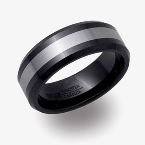 Unique Tungsten Black With Centre Silver 8mm Band Ring TUR-45-58