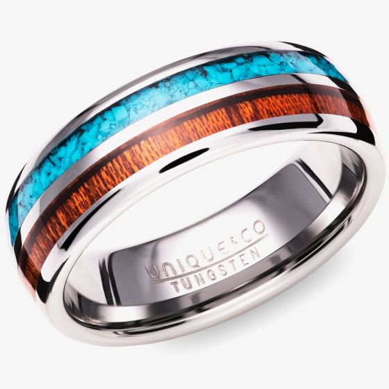 Unique Mens Tungsten Wood & Turquoise Inlay 7mm Ring TUR-147