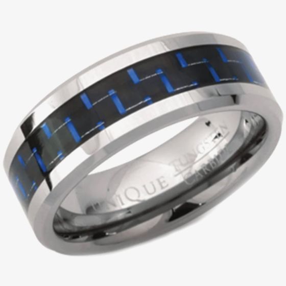 Unique Mens Tungsten Blue Carbon Inlay 8mm Ring TUR-32