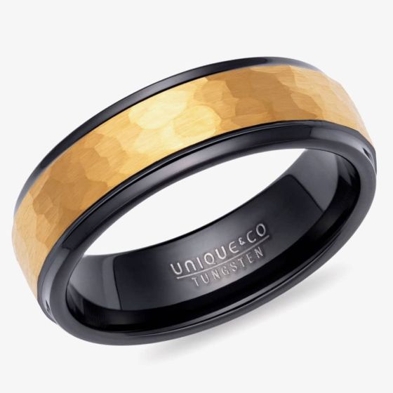 Unique Tungsten Black & Gold-Tone Hammered Ring TUR-164