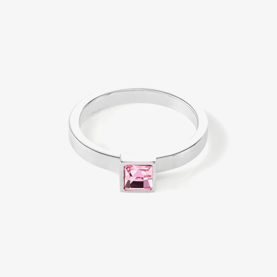 Coeur De Lion Silver Tone Small Brilliant Pink Square Princess Cut Crystal Solitaire Ring 0501/40-1917