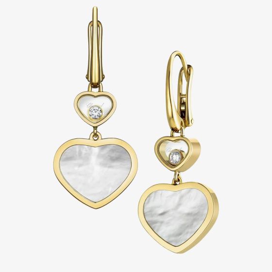 Chopard Happy Hearts 18ct Yellow Gold Mother Of Pearl & 0.10ct Brilliant Cut Diamond Dropper Earrings 837482-0310