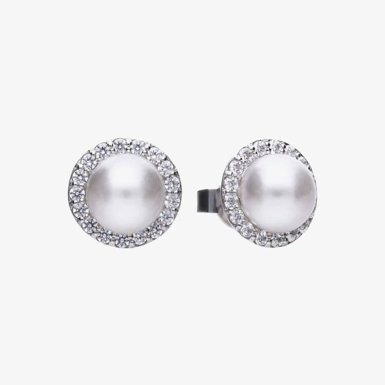 Diamonfire Silver Shell Pearl Cubic Zirconia Halo Stud Earrings E5656