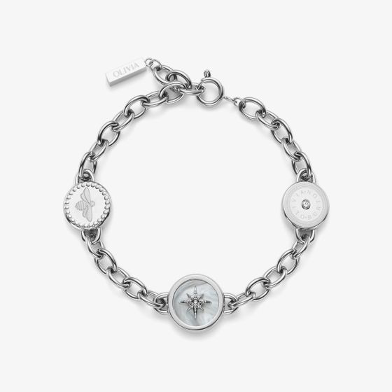 Olivia Burton Signature Silver Tone Crystal Bumble Bee & North Star Multi Charm Bracelet 24100333