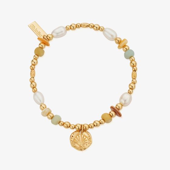 ChloBo Treasures Of Bali Golden Sands 18ct Yellow Gold Plated Multi Stone Shell Charm Bracelet GBAPS3527