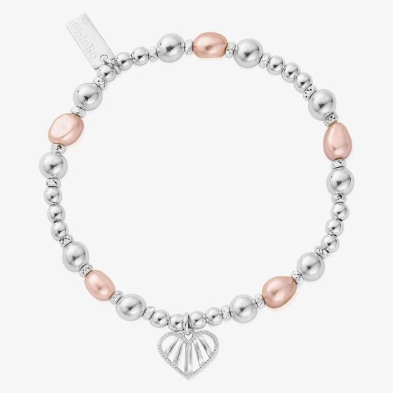 ChloBo Silver Loving Heart Pink Pearl Bracelet SBPP3344