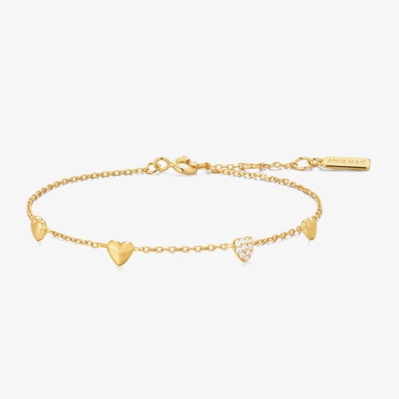 Ania Haie Starlit Drops 14ct Gold Plated Pave Puffed Heart Station Bracelet B074-06G