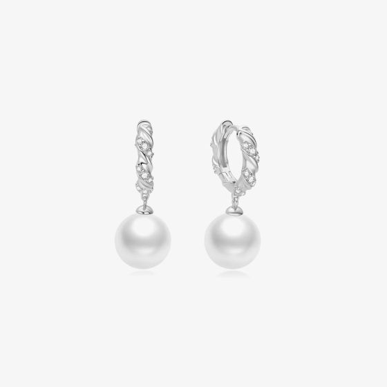 Ania Haie Luna Gaze Silver Shell Pearl Dangling Twisted Huggie Earrings E075-14H