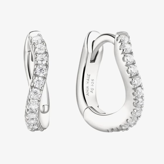 Ania Haie Sterling Silver Pave Cubic Zirconia Wave Huggie Hoop Earrings E079-08H