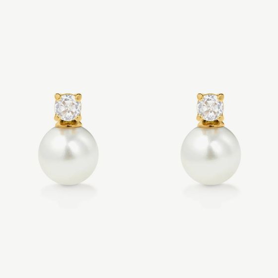 D.Louise Yellow Gold Tone Stainless Steel Simulated Pearl & Cubic Zirconia Drop Stud Earrings YBE-07