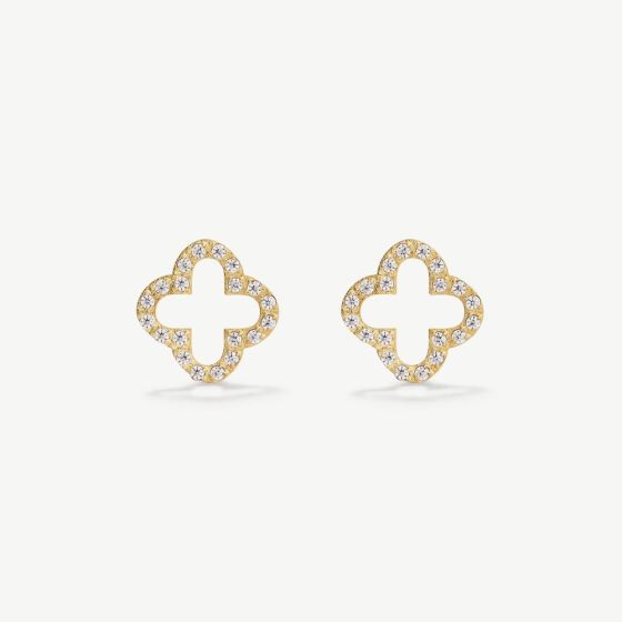 D.Louise Yellow Gold Tone Plated Stainless Steel Pave Clover Stud Earrings SKE-043