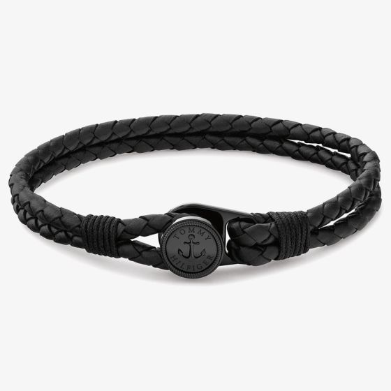 Tommy Hilfiger Nautical Black Double Braided Leather Bracelet 2790693