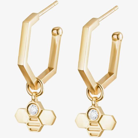 9ct Yellow Gold Diamond Hexagonal Tiny Bee Hoop Earrings BEH-9YG-D