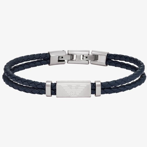 Emporio Armani Essentials Stainless-Steel and Blue Leather Two Row Logo ID Bracelet EGS2995040