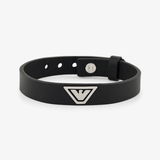 Emporio Armani Black Leather Stainless Steel Logo Bracelet EGS3128040