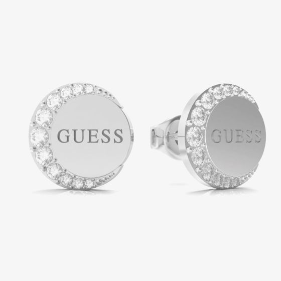 Guess Moon Phase Silver Tone Crystal Stud Earrings UBE01195RH
