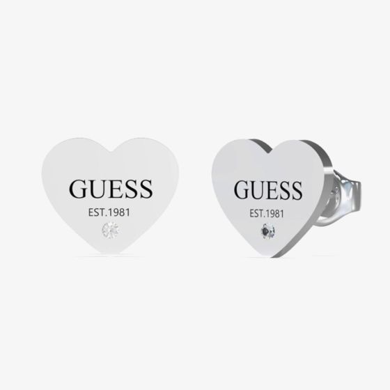 Guess Party Silver Tone Logo Heart Stud Earrings UBE02177RH