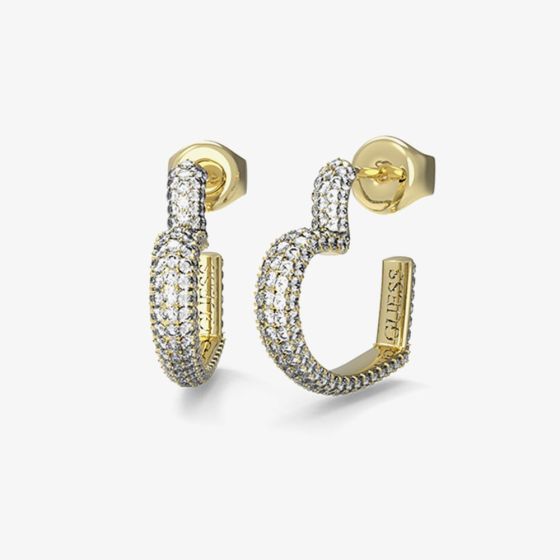 Guess Beloved Gold Tone Crystal Heart Huggie Hoop Earrings UBE05017YG