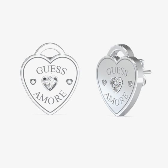 Guess Amore Rhodium Silver Crystal Heart Stud Earrings UBE05058RH