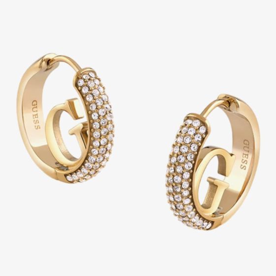 Guess Crazy G Logo Gold Plated Crystal Hoop Earrings JUBE03299JW YG
