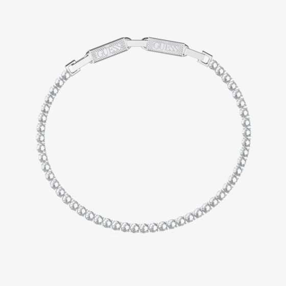 Guess Eternity Silver Tone Crystal Tennis Logo Clasp Bracelet UMB03237ST