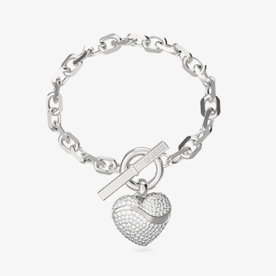 Guess In My Heart Silver Tone Crystal Heart Wave Charm T-Bar Bracelet UBB04496RHL
