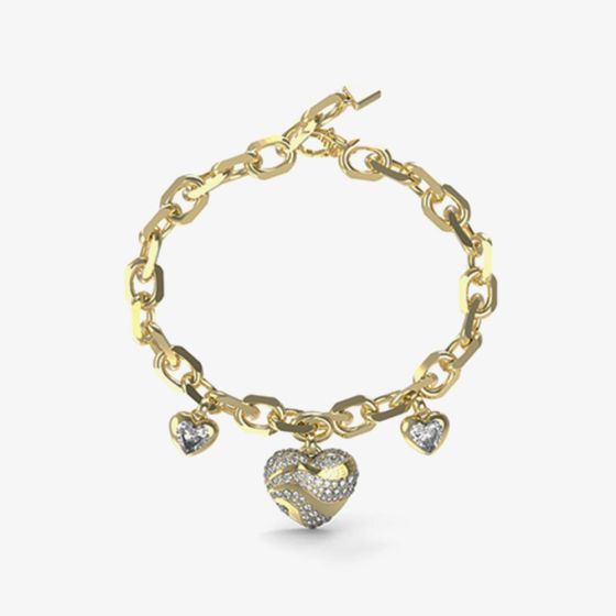 Guess In My Heart Gold Tone Crystal Charm Link Chain Bracelet UBB04500YGL