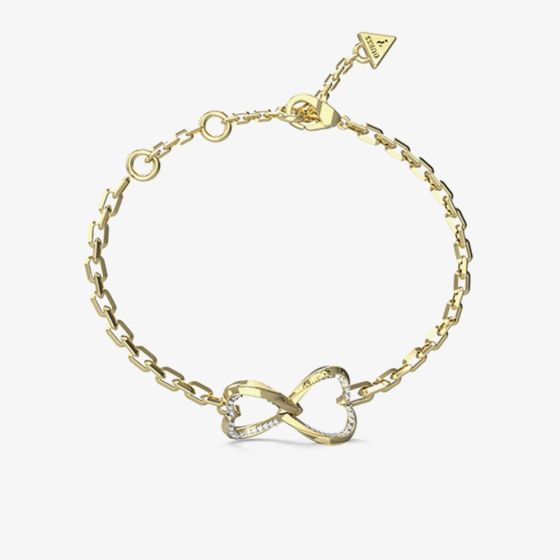 Guess Mon Amour Gold Tone Crystal Two Heart Link Bracelet UBB04618YGL