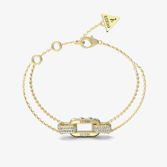 Guess Stylish Gold Tone Crystal Link Double Chain Bracelet UBB04581YGS