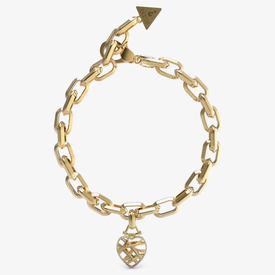 Guess Gold Tone Crystal Heart Cage Charm Bracelet UBB03094YGL