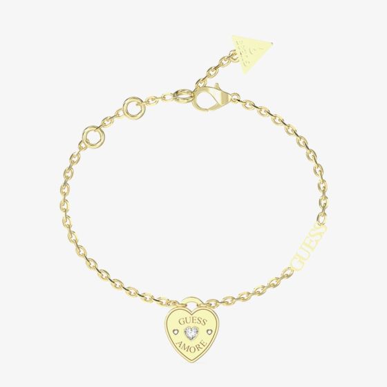 Guess Amore Gold Tone Crystal Heart Charm Bracelet UBB05057YGL