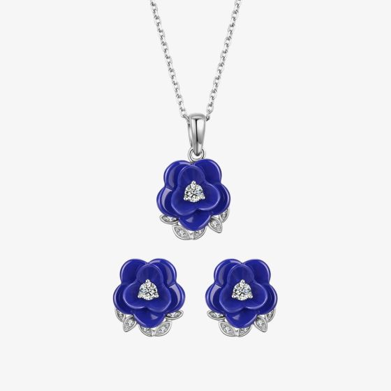 Fei Liu Blossom Cubic Zirconia & Blue Ceramic Flower Necklace & Earrings Jewellery Set BLO-925R-901-BLCZ